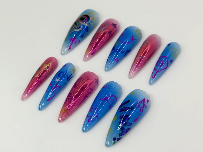 League of Legends Jinx Stiletto Nails | Pink & Blue Graffiti Stiletto Nails | Custom Pop Art Ombre Nails | Jinx Graffiti Nail Art | JB595HC