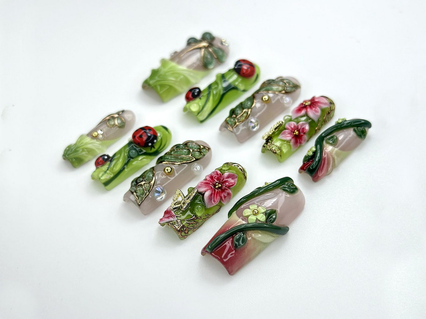 Enchanted Forest Garden Press On Nails | 3D Ladybug & Dragonfly Nails | Botanical Nature Nail Art | Red Floral Green Vine Nails | JB974EK