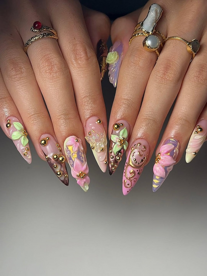 Enchanted Garden Fantasy Press On Nails | 3D Floral Nail Art | Iridescent Pink Luxury Nails | Handmade Long Sculpted Nails | JB190EC