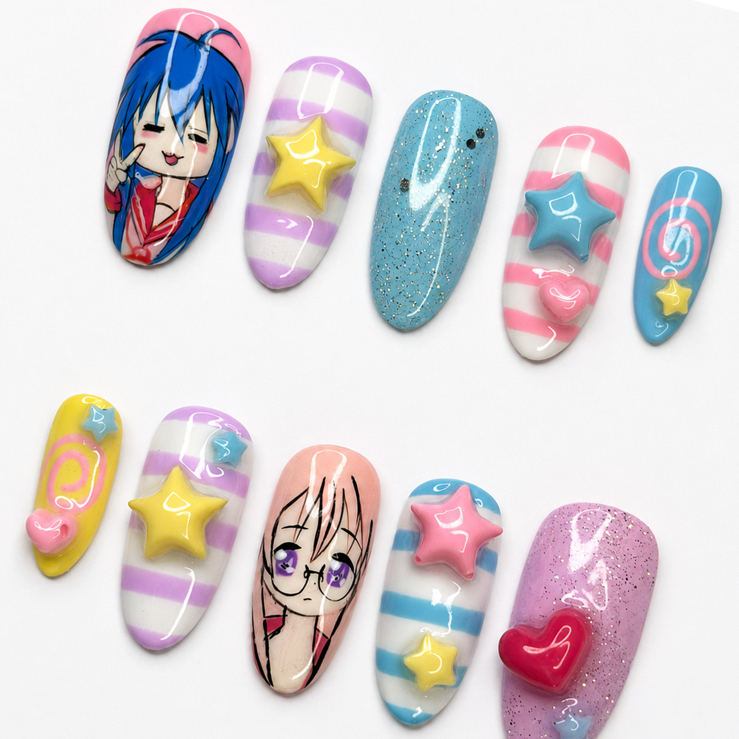 Kawaii Anime Press On Nails • Cute Pastel Gift for Her • Hand Painted Cartoon Star Heart Glitter Fake Nails | OA002LG
