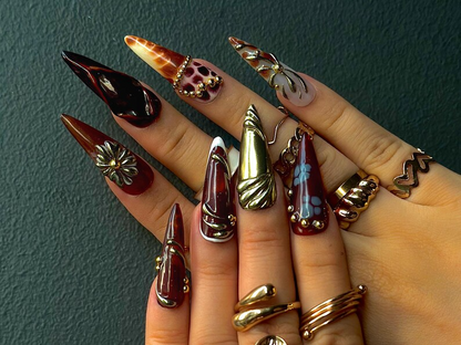Autumn Baroque Elegance Press On Nails | Fall Burgundy & Bronze Nail Art | 3D Flower And Metallic Accents | Gothic Fall Design | HC1092EK