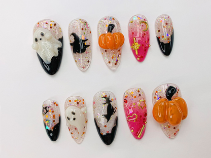 Spooky Halloween Ghost - Pumpkin Press-On Nails | 3D Nail Art for Halloween Party | Glitter Press-On Nails with Witch - Star Accents|JB486SC