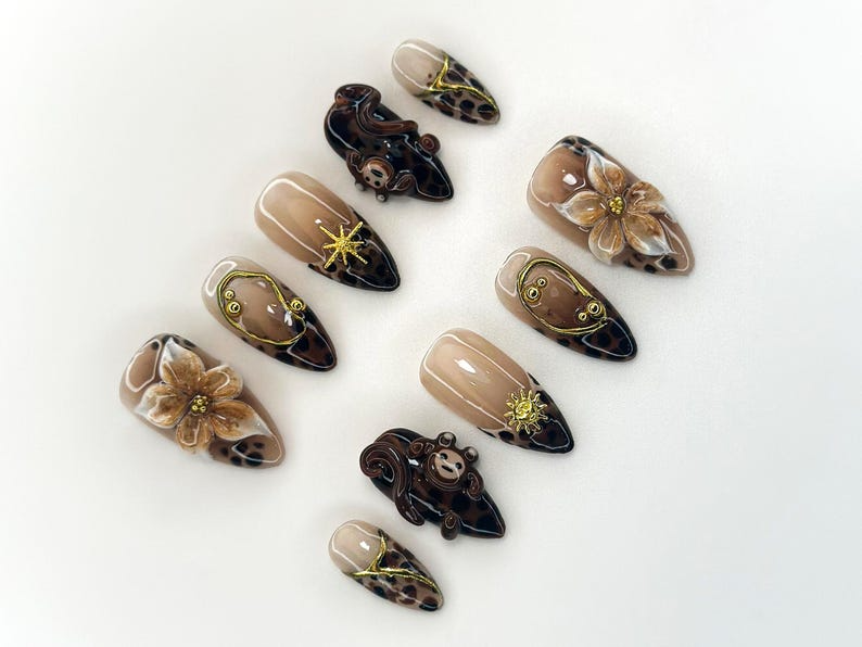 Jungle Safari Monkey Press On Nails | 3D Flower & Leopard Print Nail Art | Exotic Animal Nail Set | Handmade Safari Nails | A1116K