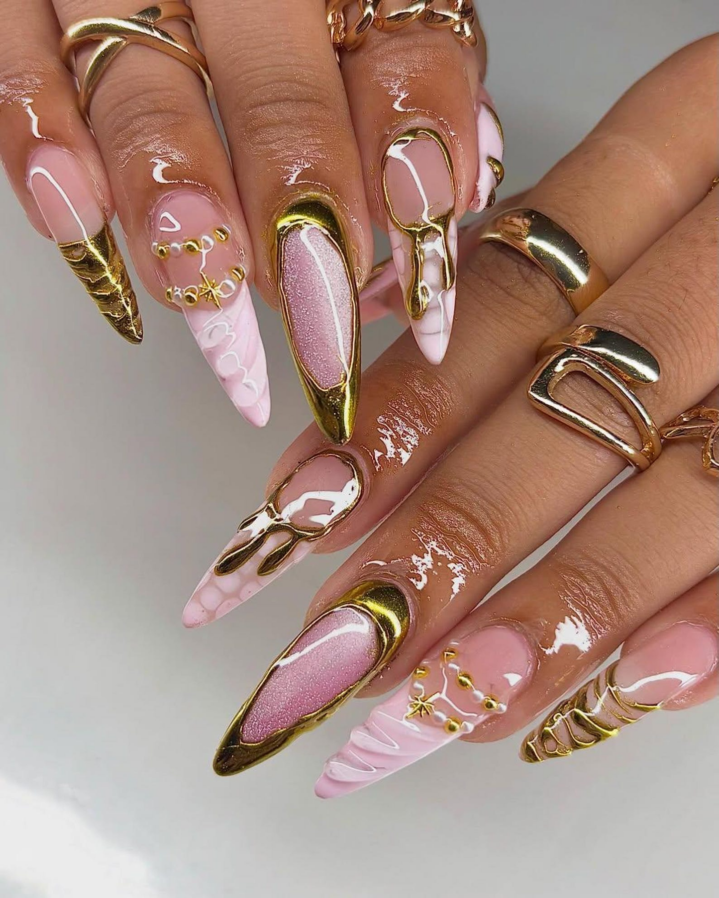 Nude Pink Gold Press On Nails | Luxury Molten Metal Nail Art | Elegant Long Stiletto Press Ons | Baroque Couture Nail Design | HC1246HC