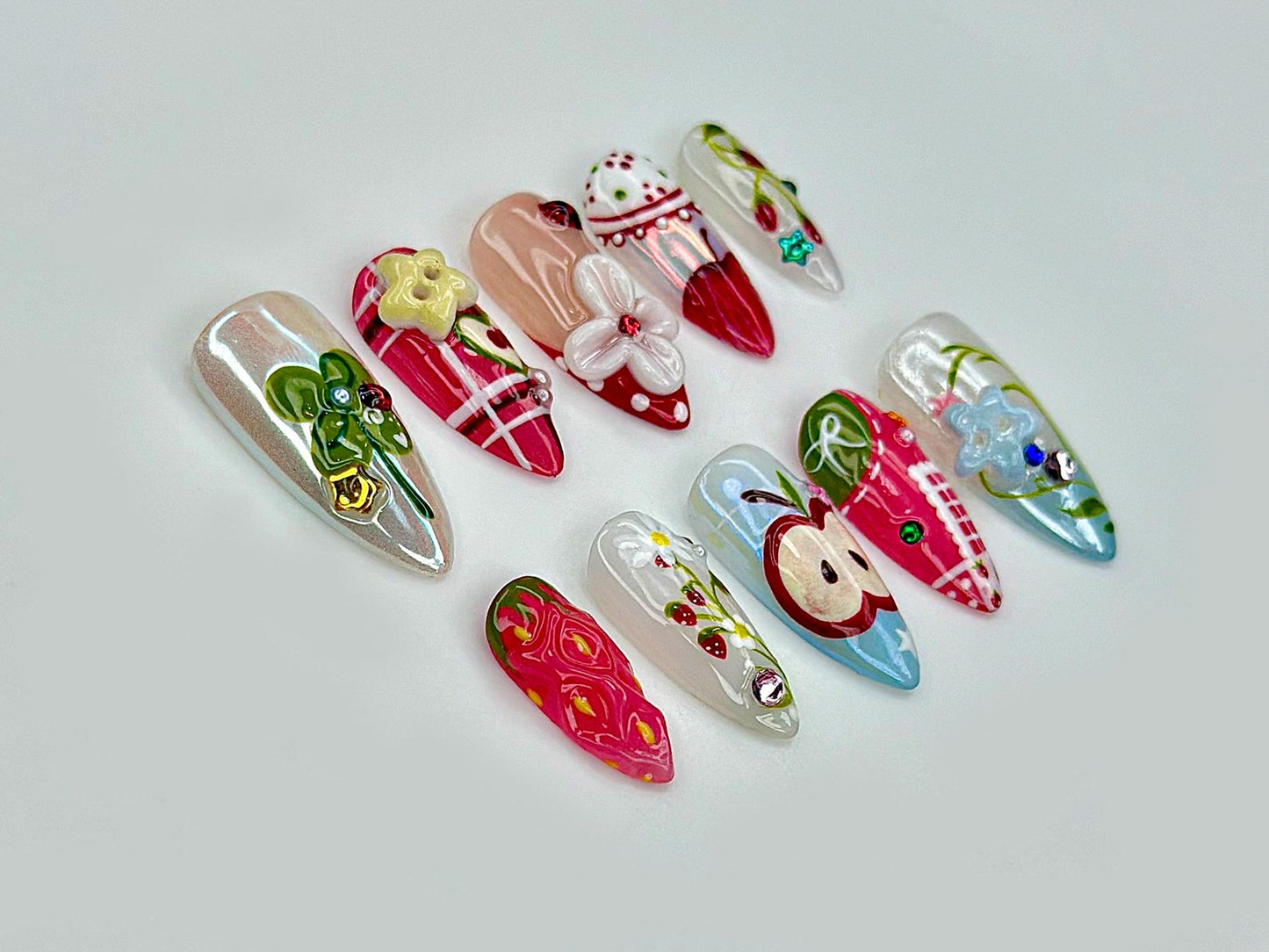 Handcrafted Apple Strawberry Press On Nails | Cute Picnic Press Ons | Red Gingham Cottagecore Nails | Kawaii Nature Press Ons | JB969EC