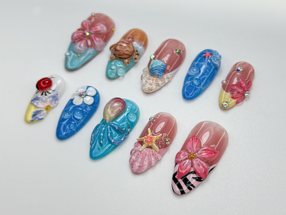 Tropical Sea Turtle Press On Nails | 3D Beach Shell & Starfish Nails | Handmade Summer Mermaid Vibes | Tropical Sea Nail Art | JB809HK