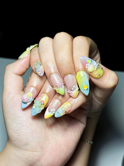 Ocean Candy Dream Press On Nails | Pastel Beach Nails | 3D Seashell & Starfish Nails | Summer Vacation Nails | Cute Mermaid Nail | OC1332NC