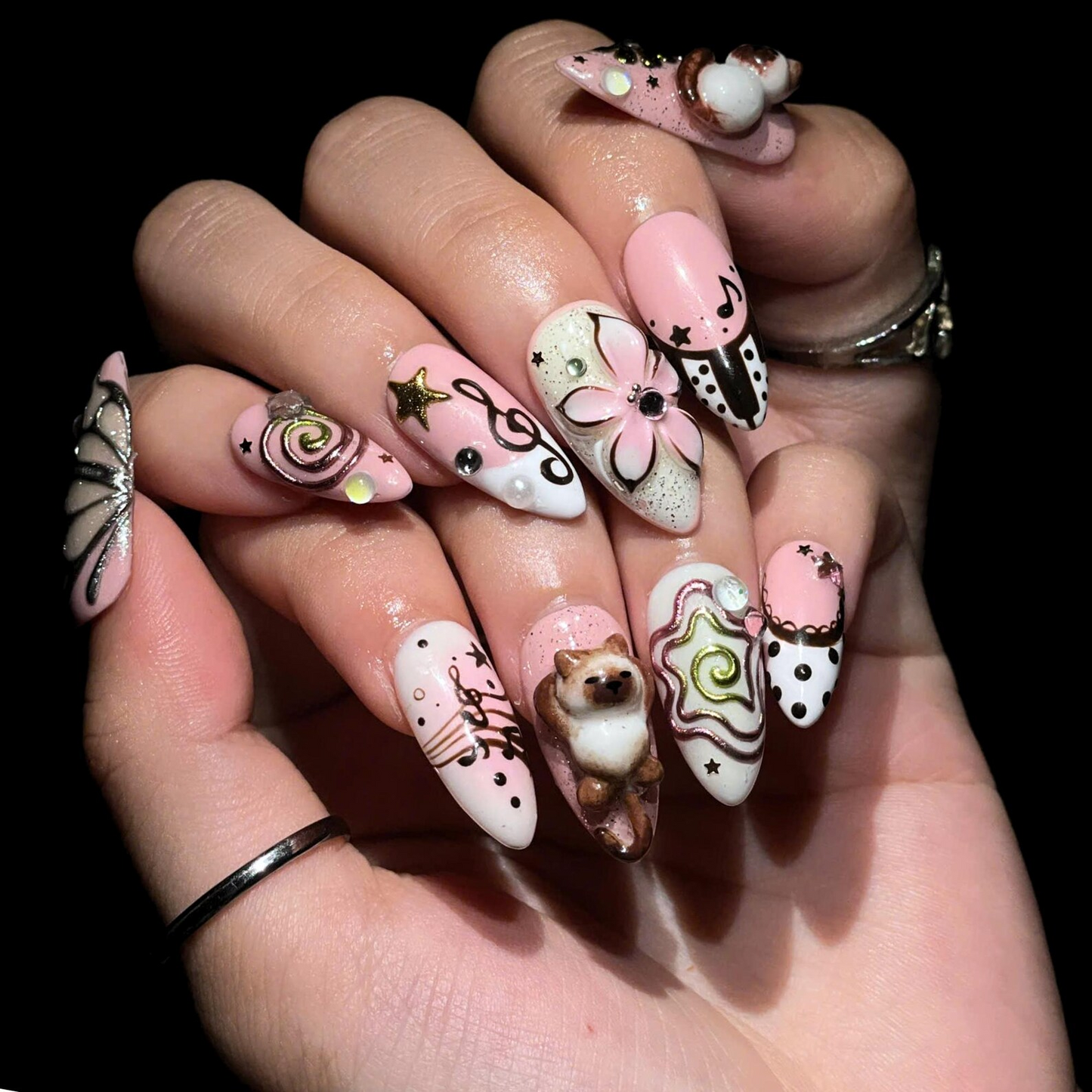 Cute Aesthetic Press On Nails | Kawaii Charm Nail Set | Y2K Inspired Handmade Nails | Pink Brown 3D Statement Nails | OB450UC