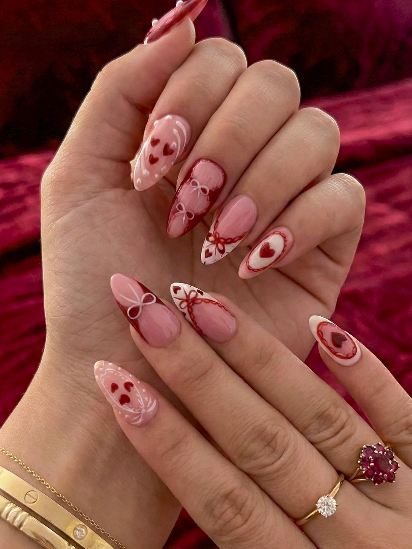 Press On Nails Adhesive Tabs – Pink Red Heart & Bow Design Long Almond Handmade Fake Nails for Valentine Gift