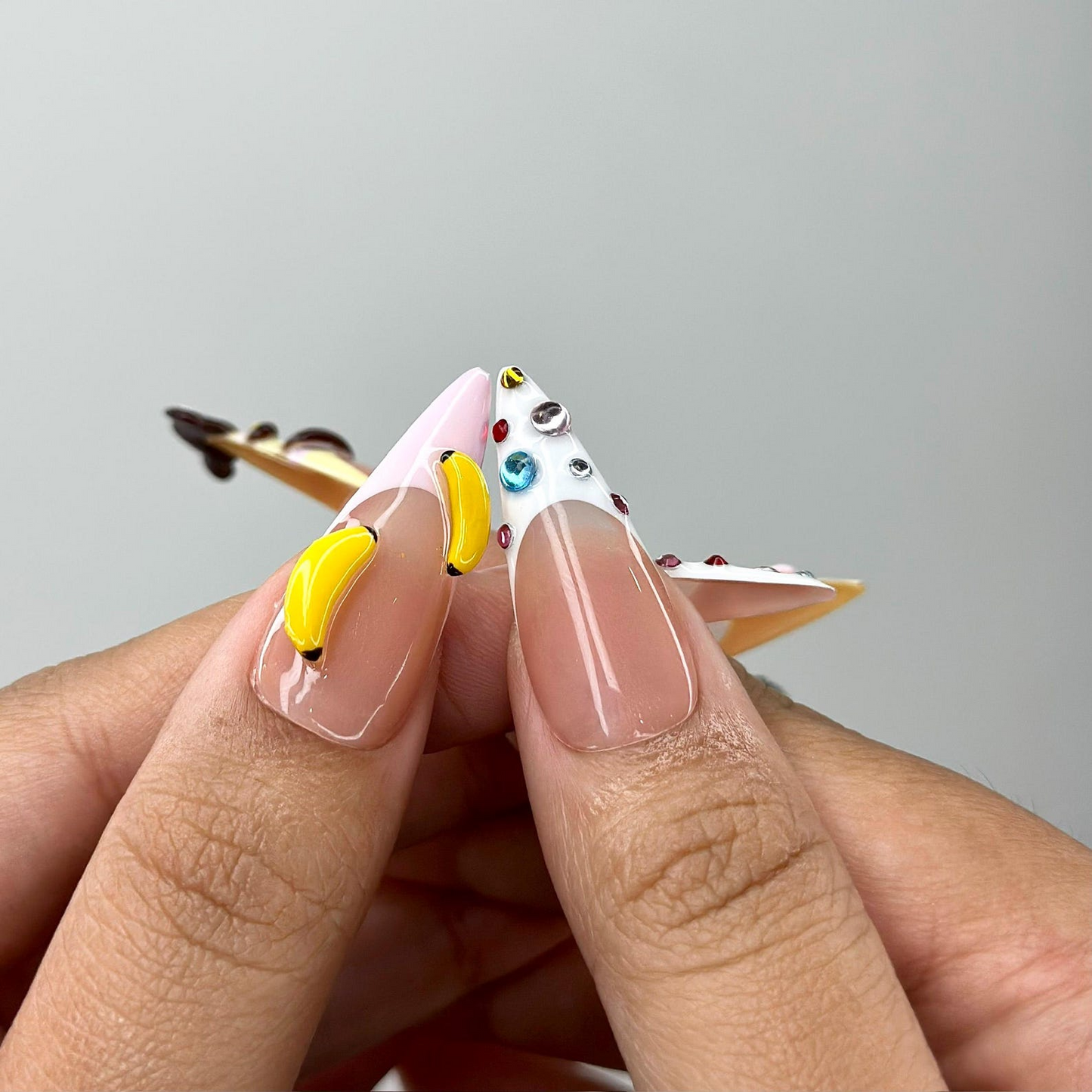 3D Monkey Banana Press On Nails | Cute Pink Star & Fruit Fake Nails | Kawaii Handmade Nail Art | Playful Cute Nails | Cartoon Nails |HB255YC