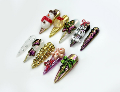 Luxury Chrome Christmas Press On Nails | 3D Star & Snowman Nails | Metallic Holiday Bow Set | Gold Beads And Gingerbread Accents | JC244EK