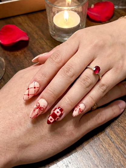 Sweetheart Bow Valentine Press On Nails | Heart Ribbon Romantic Nail Art | Red Gingham Love Nails | Cute Romantic Nail Set | JB274EC