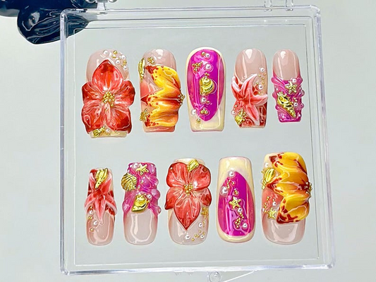 Tropical Hibiscus Press On Nails | 3D Floral Summer Fake Nails | Summer Bloom Nail Art | Sunset Color Bloom Kawaii Nails | 3D Nails |HB932YC