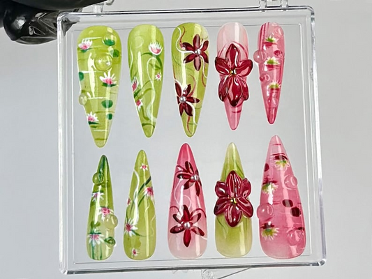 Water Lily & Lotus Press On Nails | Nature-Inspired Fake nails | Glossy Botanical Nail Art | Artistic Floral Press Ons |Luxury Nails|HB785YC