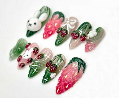 Strawberry Bunny Dreams Press On Nails | Cute 3D Fruit Nail Art | Sweet Berry Theme Nails | Pink 3D Kawaii Nails | JB923EC