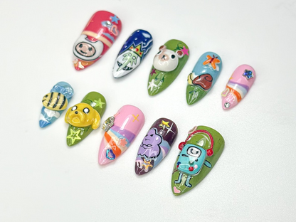 Adventure Time Cute Press On Nails | 3D Cartoon Characters & Bee Accents | Handmade Pop Culture Nail Art | Cute Animation Nail Set | JB116HC