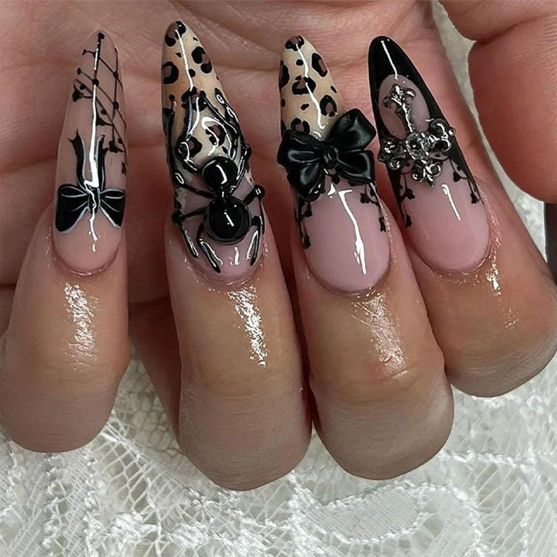 Vintage Halloween Leopard Press On Nails | Gothic Pumpkin & Spider Web Nail Art | Handmade Halloween Nail Set | Gothic Nail Set | JB180HC