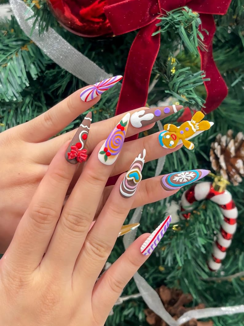 Gingerbread Candy Christmas Press On Nails | Festive Dessert Christmas Nail Art | Christmas Dessert Nail Set | DB925EC
