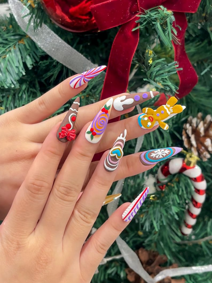 Gingerbread Candy Christmas Press On Nails | Festive Dessert Christmas Nail Art | Christmas Dessert Nail Set | DB925EC
