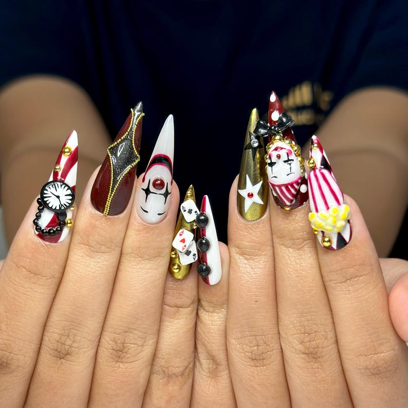 Halloween Circus Press On Nails | Spooky Clown Faces Nail Art | Gothic Harlequin Fake Nails | 3D Popcorn & Casino Press Ons | DB729YC