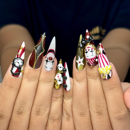 Halloween Circus Press On Nails | Spooky Clown Faces Nail Art | Gothic Harlequin Fake Nails | 3D Popcorn & Casino Press Ons | DB729YC