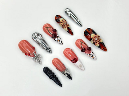 Autumn Cherry Bloom Press On Nails | Coral Red Fall Nail Art | 3D Floral & Leopard Print Nails | Handmade Gothic Accent Set | A1130C