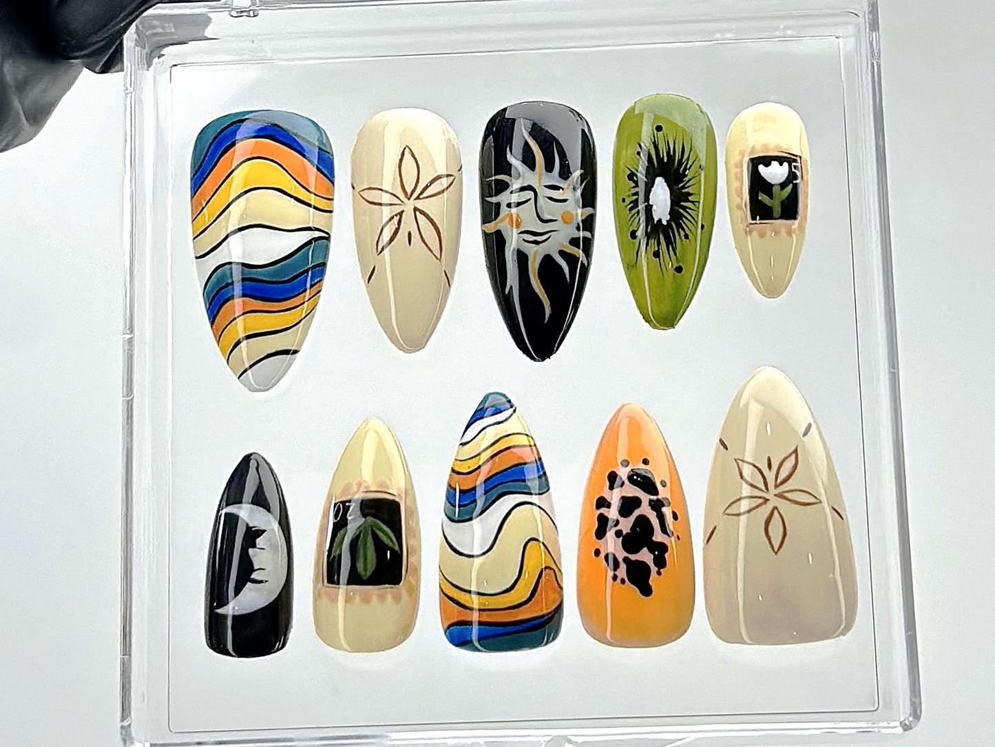 Boho Sun Moon Press On Nails | Groovy Earthy Fake Nails | Artistic Sun and Moon Nail Art | Custom Groovy Press Ons | Unique Nails | HB884YK