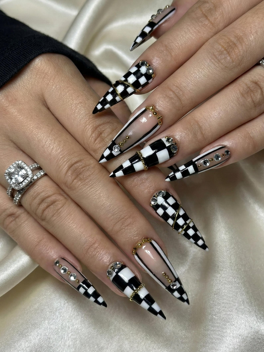 Black & White Gothic Press On Nails | Luxury Girl Stiletto Nail Art | Gold Accent Checker Nails | High Fashion Press Ons | HB1264EC