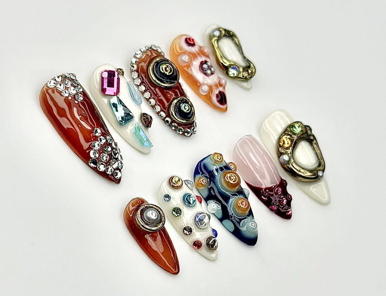 Galaxy Artifact Press On Nails | 3D Gemstone Nail Sculpture | Cosmic Jewel Art Nails | Handmade Abstract Press Ons | JC937EK