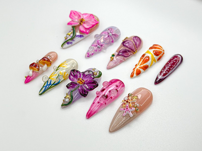 Summer Press On Nails Tropical Bloom | 3D Orchid & Fruit Nail Art | Colorful Summer Flower Design | Handmade Nature Nails | JB983HC