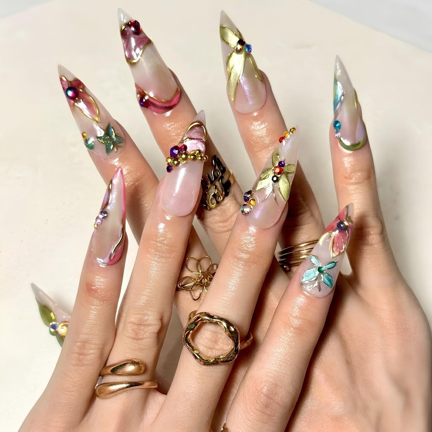 Fairy Butterfly Press On Nails | Sparkly Gold Swirl Crystal Art | Luxury Glazed Pearl Nails | Beautiful Wedding Bridal | OB1359DG