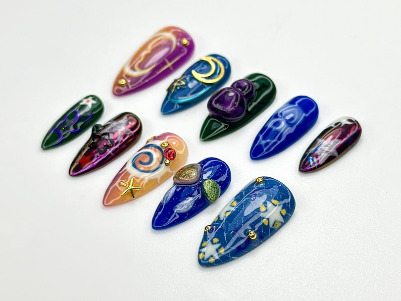 Galaxy Swirl Press On Nails | Cosmic Star Moon Nail Art | Mystical Space Inspired Nails | Purple Blue Galaxy Tips | Celestial Nail | JB936HC