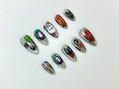 Anime Inspired Press On Nails | Hand Painted Silver Glitter Nails | Cute Cosplay Character Nail Art | Unique Kawaii Nail Set | JC1133BK