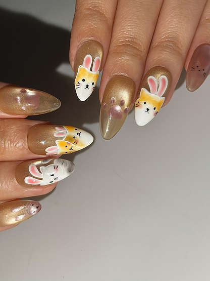 Bunny Cat Gold Press On Nails | Cute Rabbit Kitty Nail Art | Kawaii Animal Nails | Gold Almond Nails | Handmade Press Ons | HC1301HC