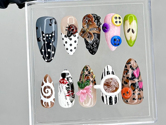 Quirky Button Art Press On Nails | Leopard & Tea Mug Nail Art | Pink Apple Button Press Ons | Abstract Art Fake nails | Coffee Mug | HB951YC