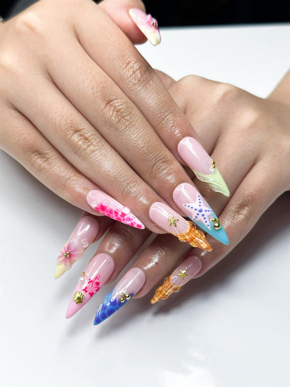 Tropical Sea Breeze Press On Nails | 3D Seashell & Starfish Nails | Colorful Ocean Nail Set | Summer Vacation Nails | OB885NC