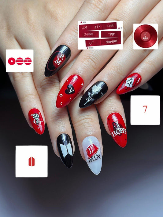 Red Black Kpop Press On Nails | Kpop Inspired Nail Art | Concert Aesthetic Almond Nails | Edgy Graphic Press Ons | Kpop Fan Nails | OB384HC