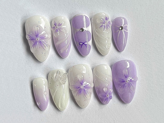 Lavender Floral Press On Nails | Purple Ombre Nail Set | Dreamy Hand-painted 3D Flower Fairycore Nail Art | Perfect for Weddings | JC401A