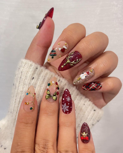 Luxe Christmas Press On Nails | Red Green Gold Christmas Nails | 3D Bow & Bell Nail Art | Festive Winter Press Ons | Christmas Set| HB1208H