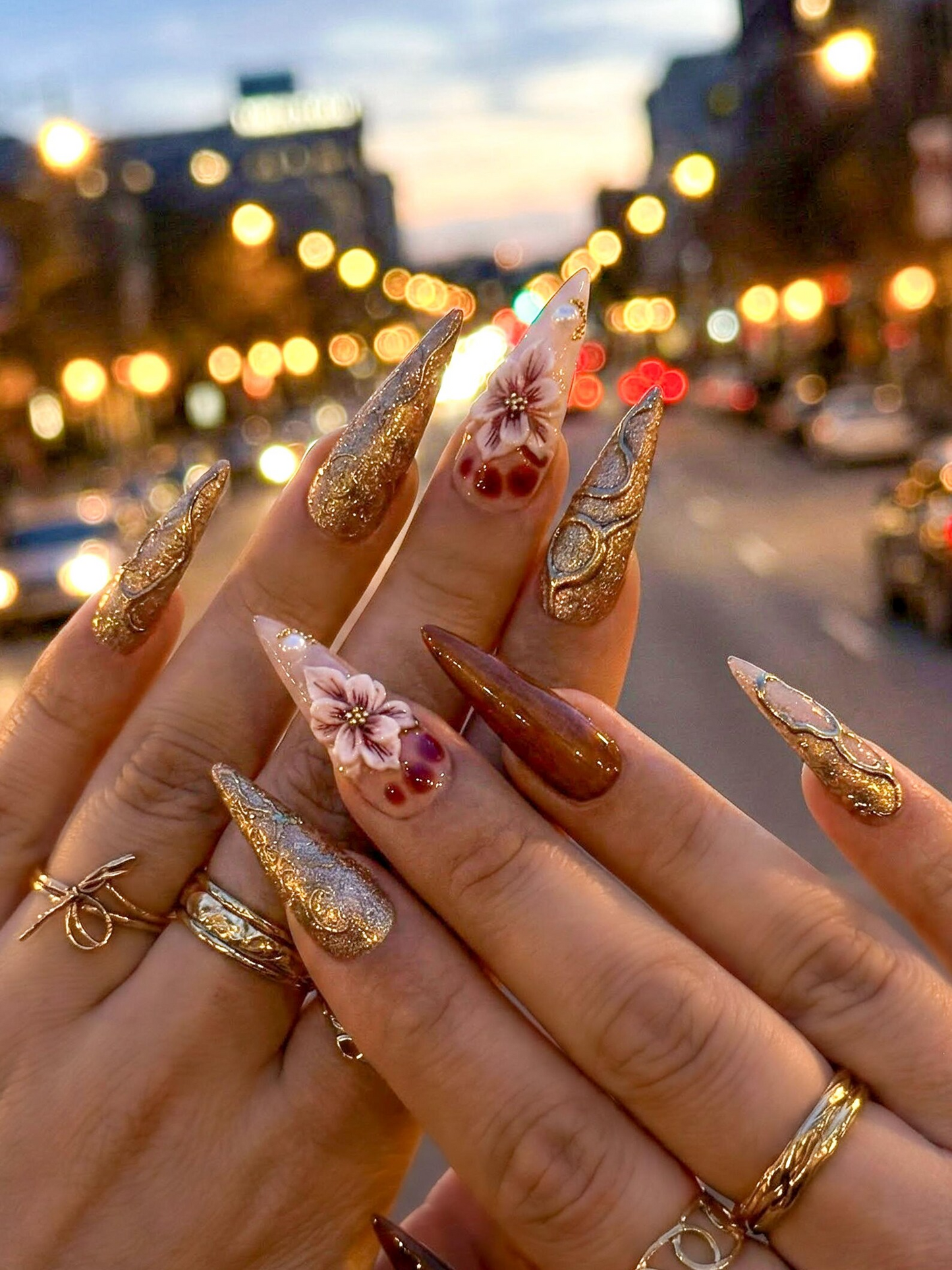 Luxury Gold Floral Press On Nails | Spring Floral Crystal Nail Art | | Gold Sculpted Couture Nails | Long Stiletto Nails | DB968EC