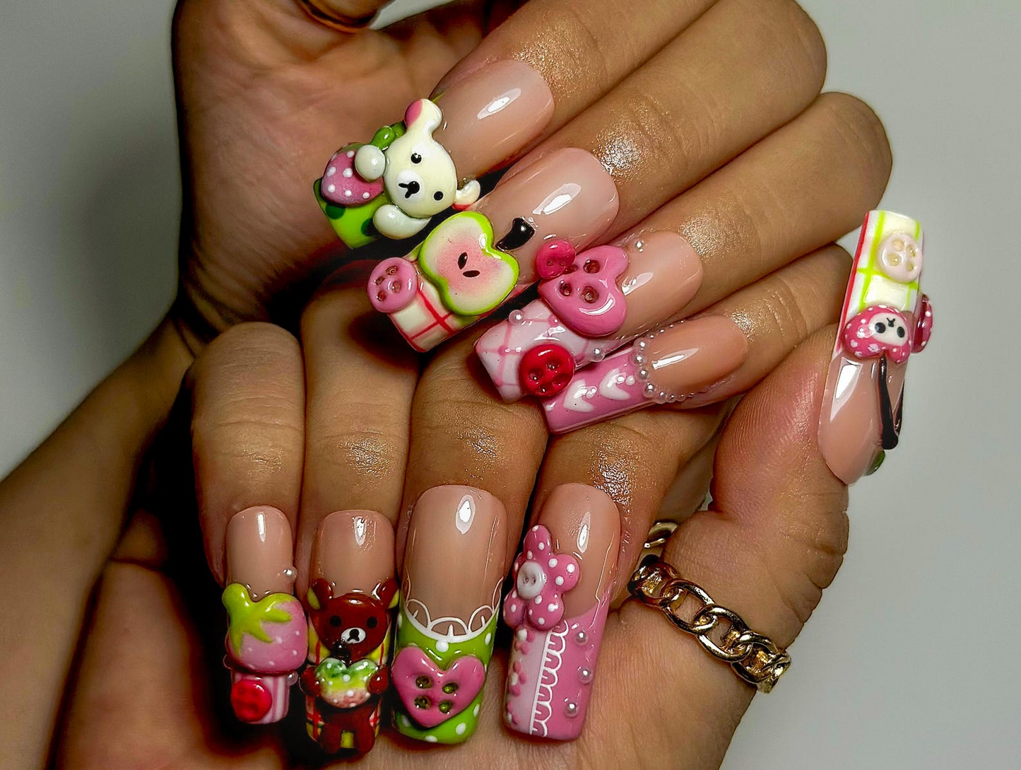Kawaii Bear Candy Press On Nails | 3D Cute Apple Cherry Nail Art | Pastel Pink Green Y2K Vibes | Cartoon Dessert-Inspired Nails | JB986EC
