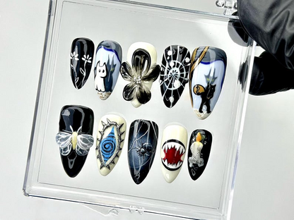 3D Gothic Press On Nails | Black White Art Nails | Spider Web & Monster Design | Ghost Cat and Spider Web Design Nails | HB957
