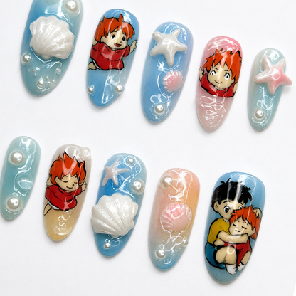 Ocean Anime Press On Nails • Cute Summer Beach Gift • Hand Painted Red Hair Girl 3D Seashell Starfish Fake Nails | OA001LG