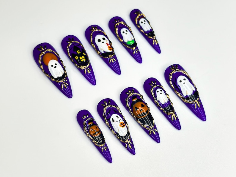 Purple Gothic Halloween Press On Nails | Ghost & Pumpkin Halloween Nail Design| Haunted Mansion Nail | Hand-Painted Spooky Nail Art |JB133HK