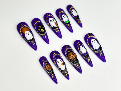 Purple Gothic Halloween Press On Nails | Ghost & Pumpkin Halloween Nail Design| Haunted Mansion Nail | Hand-Painted Spooky Nail Art |JB133HK