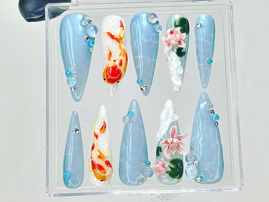 Koi Fish Press On Nails | 3D Water Lily Fake Nails | Japanese Koi Nail Art | Ocean Theme Press Ons | Goldfish & Lotus Nails | HB924YC