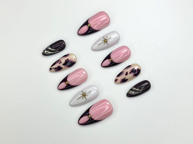 Pink Noir Star Press On Nails | Chic French Tip Nail Art | Leopard Accent Nails | Elegant Handmade Nail Set | JC1120BC
