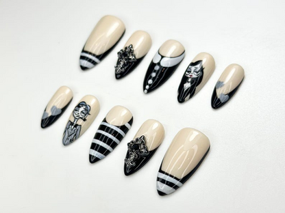 Gothic Family Press On Nails | Black & White Vintage Nail Art | Handmade Gothic Nails | Halloween Creepy Press Ons | Spooky Nails | JB163HK