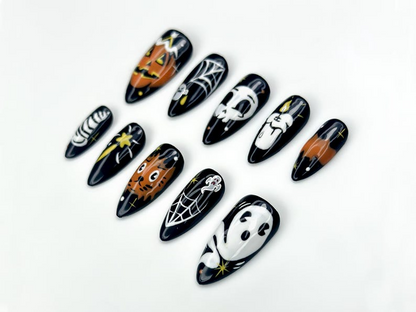 Halloween Stiletto Press On Nails | Black & White Gothic Spider Nail Art | 3D Spider Web Design with Piercing Accents | HB1067EK