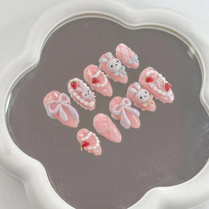 Soft Pink Bunny Press On Nails | Kawaii Nail Art with Bows | Handmade Pastel Nails | Sweet Gift for Her | HB1112GC